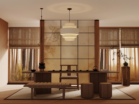 新中式茶室 茶桌椅su模型