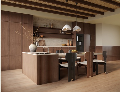  中古风餐厅 餐边柜 茶桌椅 床头吊灯 酒柜3d模型 