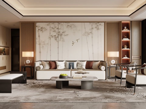 新中式客厅 沙发茶几组合 沙发背景墙su模型