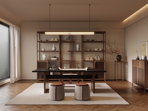 新中式书房 书桌椅 书柜 博古架su模型