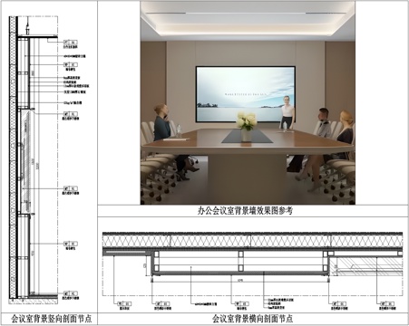 办公会议室背景墙、会议室内嵌屏幕墙、嵌入式电视机节点、会议室cad施工图