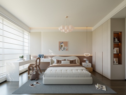  儿童房 奶油风女孩房 儿童卧室 儿童床 现代女儿房 儿童房吊3d模型 