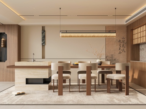  禅意新中式家居餐厅 宋代美学背景墙 岛台餐桌椅 宋氏吊灯 餐3d模型 