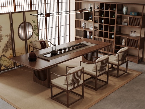 新中式茶室 茶桌椅 博古架su模型