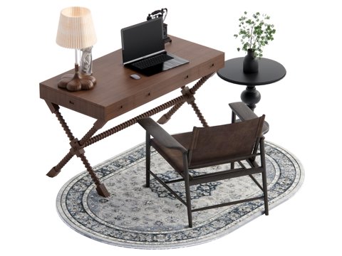 复古中古风书桌椅su模型