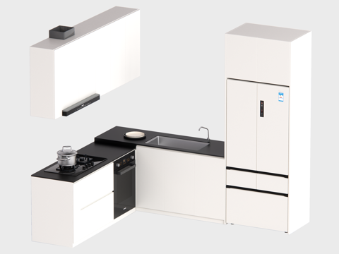 现代灶台 橱柜 冰箱贵 厨房su模型