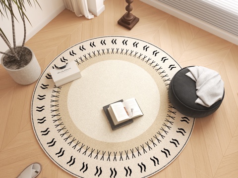 现代圆形地毯 绿植盆栽 书籍摆件su模型