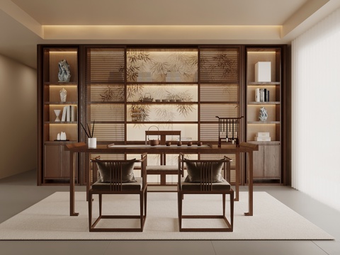 新中式书房 书柜 书桌椅su模型