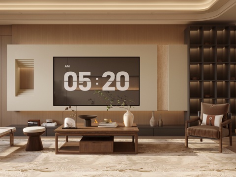 新中式禅意家居客厅 电视背景墙 宋式美学背景墙 客厅背景墙su模型