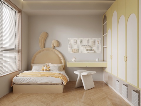 现代奶油风儿童房 儿童床 衣柜su模型