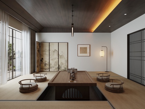 新中式茶室 茶桌椅su模型