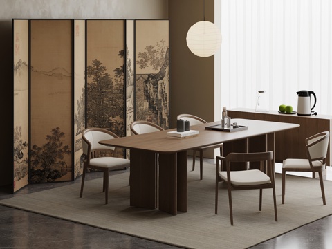 新中式餐厅 餐桌椅 餐边柜su模型