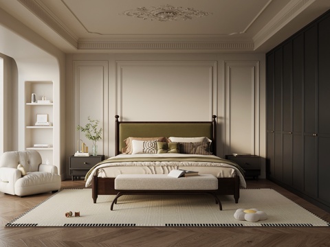 法式复古卧室 双人床 床头柜 单人沙发su模型