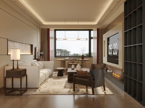 新中式禅意家居客厅 中式客厅 宋式美学客厅 无主灯客厅su模型