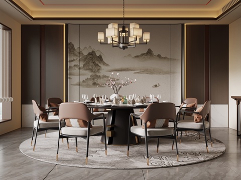 新中式包间 餐桌椅 玄关柜su模型