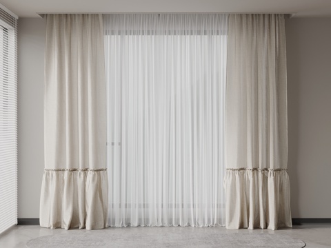 现代奶油风窗帘 布帘 纱帘su模型