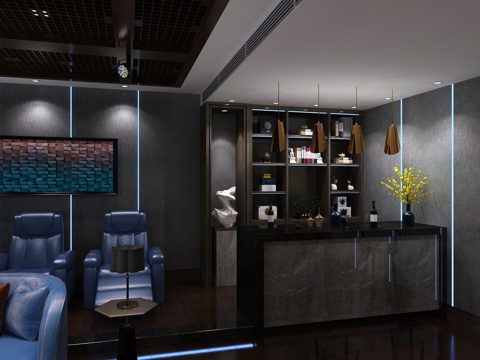  新中式影音室 影视厅 电影院 沙发 吧台 电视 装饰柜3d模型 