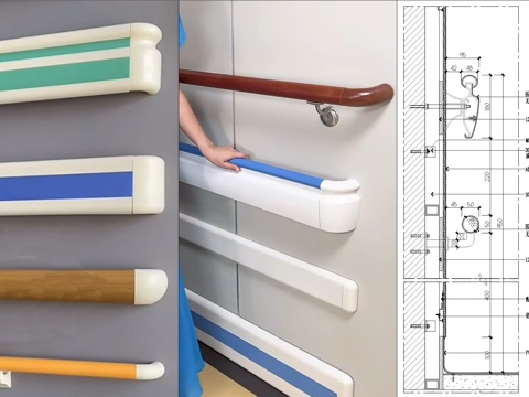 医院防撞扶手安装、医院无障碍扶手、养老院走廊扶手 、医院走道cad施工图