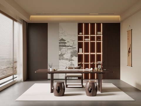 新中式书房 书桌椅 书柜su模型