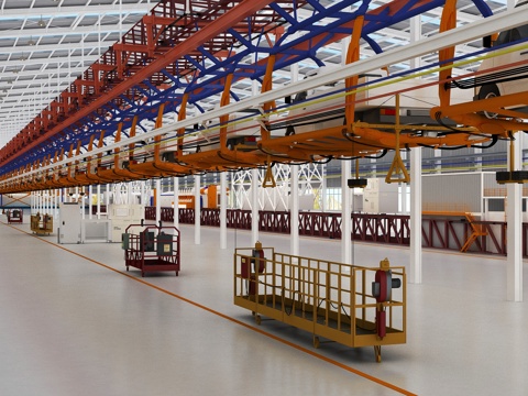  现代车间 工厂 设备 流水线 生产线 总装车间 汽车生产3d模型 