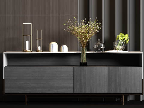  新中式实木大理石端景柜饰品组合3d模型 