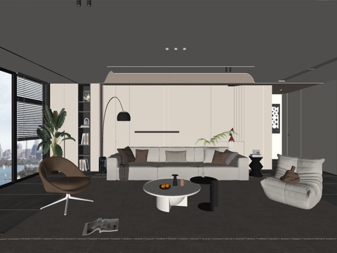 现代风格客厅 组合沙发 茶几 装饰画su模型