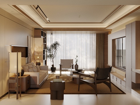 新中式禅意家居客厅 中式客厅 宋式美学客厅 无主灯客厅su模型