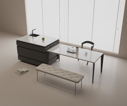 现代吧台餐桌一体 中岛水吧台 中岛餐桌 实木餐椅 休闲长椅su模型