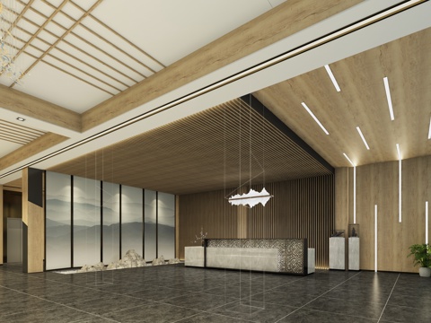  新中式酒店大堂电梯间3d模型 