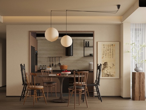  新中式餐厅 中式餐厅 宋式美学餐厅 中古风餐厅 开放式餐厅3d模型 