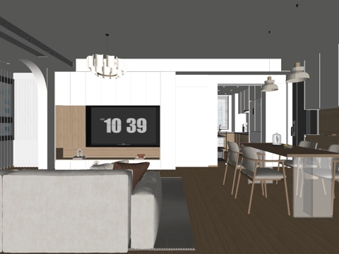 现代风格客厅 餐厅 组合沙发 茶几 装饰画 餐桌椅 餐边柜su模型