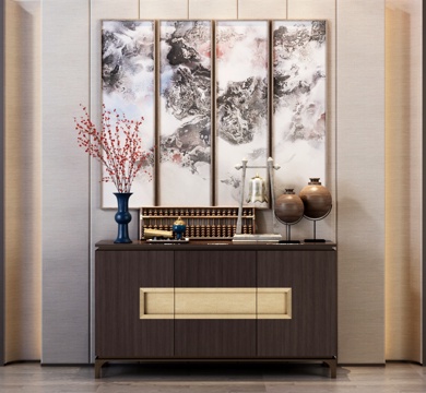  新中式边柜 玄关柜 装饰画 挂画 摆件3d模型 