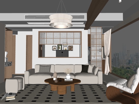 现代风格客厅 餐厅 组合沙发 茶几 装饰画 餐桌椅 餐边柜su模型