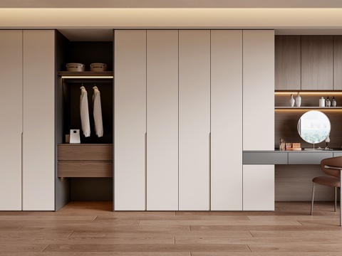 现代家居卧室衣柜  床尾衣柜 衣柜梳妆台一体su模型