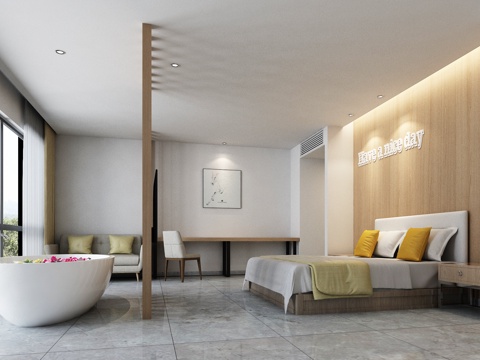  北欧极简酒店客房 双人床3d模型 