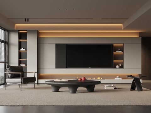 现代意式电视背景墙 电视柜 沙发茶几组合su模型