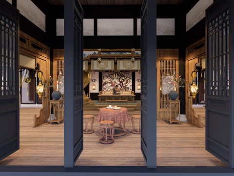 新中式中式影视 唐代寝宫 宋代卧室 贵人卧室 古代建筑会客厅su模型