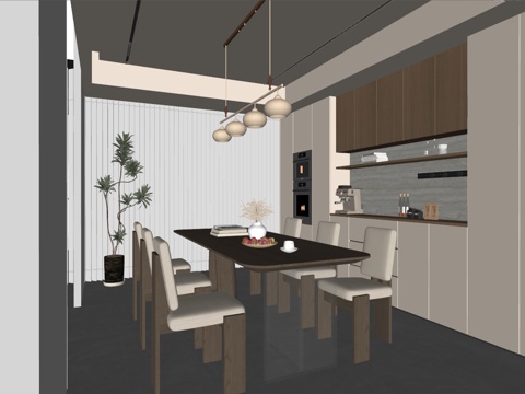 现代风格餐厅 餐桌椅组合 餐边柜 橱柜su模型