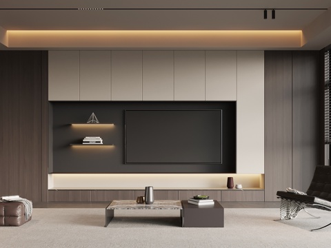 现代意式客厅 电视背景墙 电视柜 沙发茶几组合su模型