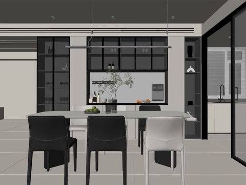 现代风格餐厅 餐桌椅组合 餐边柜 橱柜su模型