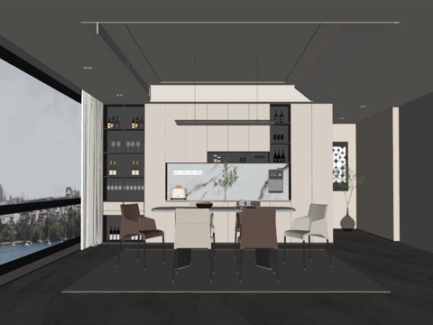 现代风格 书房 茶室 茶桌椅su模型