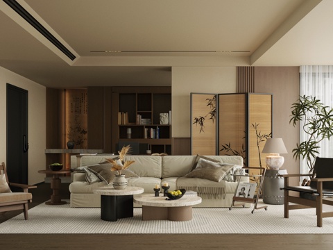 新中式禅意家居客厅 中古风客厅 宋式美学客厅 无主灯客厅su模型