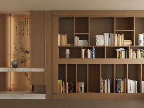 原木风书房 开放式书房 客厅书房 书房书柜 整排书柜 书籍su模型