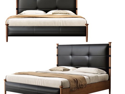  现代床 双人床 梧桐床 复古床 法式床 真皮床 实木床 中古3d模型 