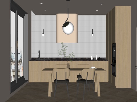 现代风格餐厅 餐桌椅组合 餐边柜 橱柜su模型