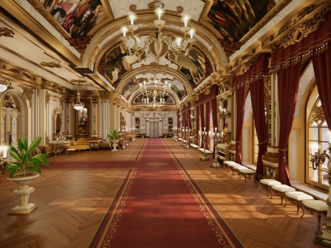 欧式古典贵族  酒店大堂 城堡建筑 皇宫建筑 门廊过道 会议su模型