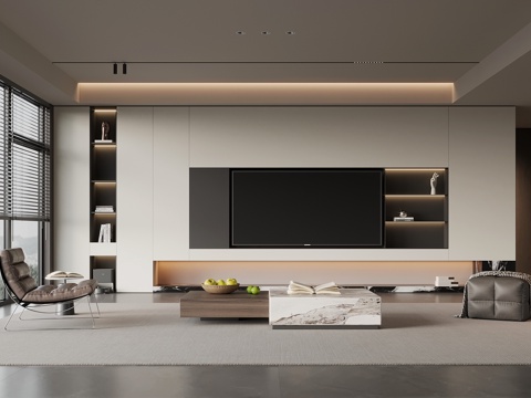 现代意式客厅 沙发茶几组合 电视背景墙su模型