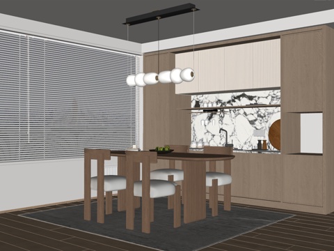 原木风格餐厅 餐桌椅组合 餐边柜 橱柜su模型