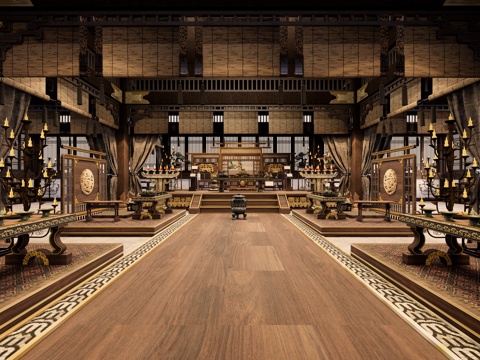 中式中古 室内古建筑 古装影视大殿 仙侠会客厅 影视道具陈设su模型