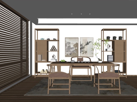 中式风格 书房 茶室 茶桌椅su模型